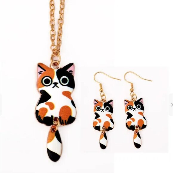 Cute Cat Necklace & Earrings Set Calico Design Gold Chain Hook Earrings - Picture 1 of 1